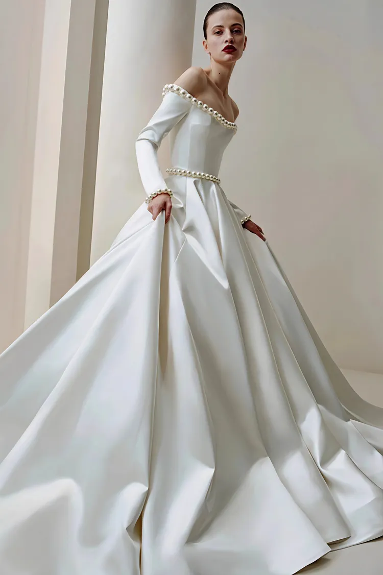 Vintage Satin Pearl Long Sleeve Off Shoulder Wedding Dress