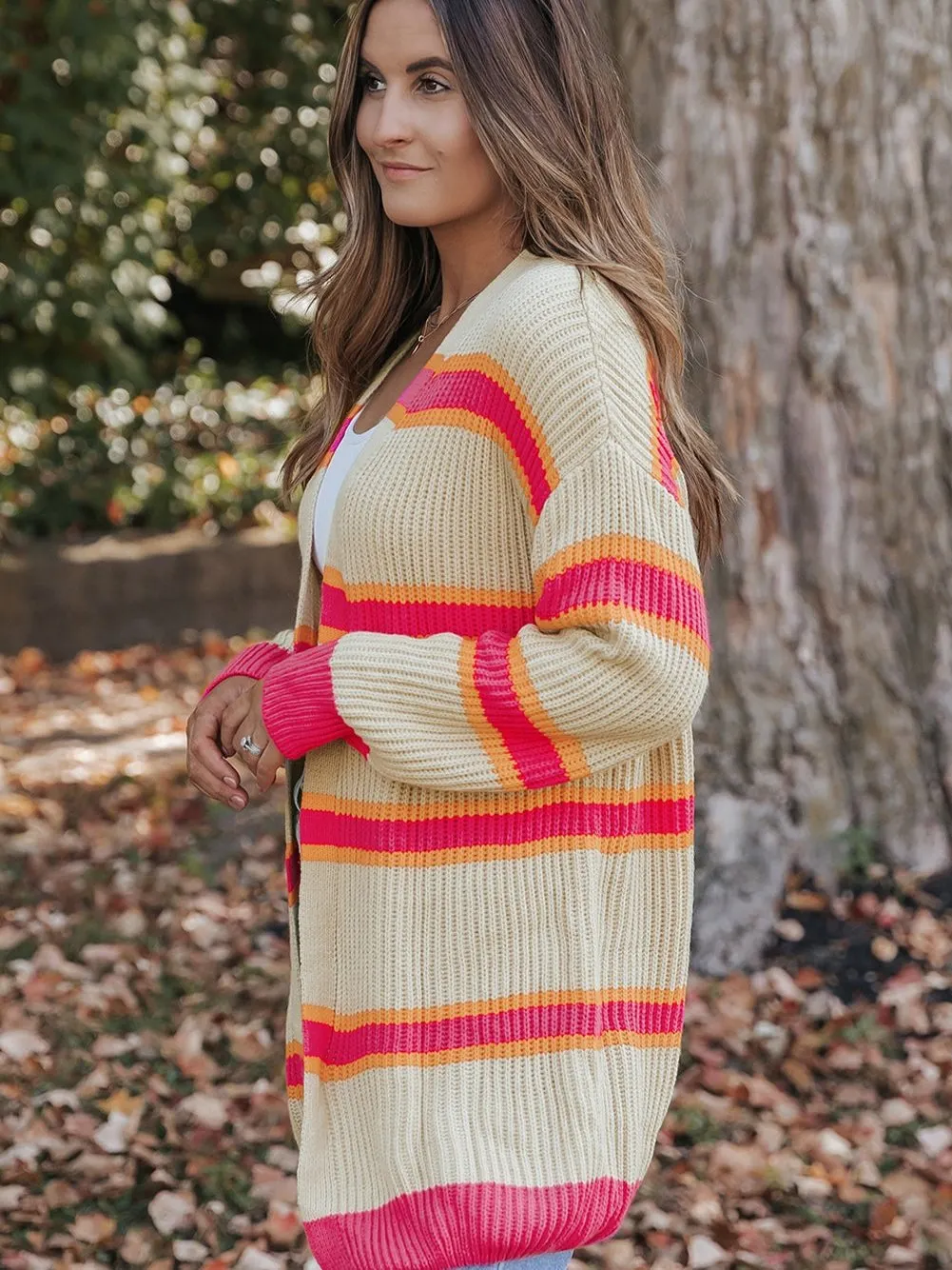 Ribbed Knit Long Cardigan with Striped Print