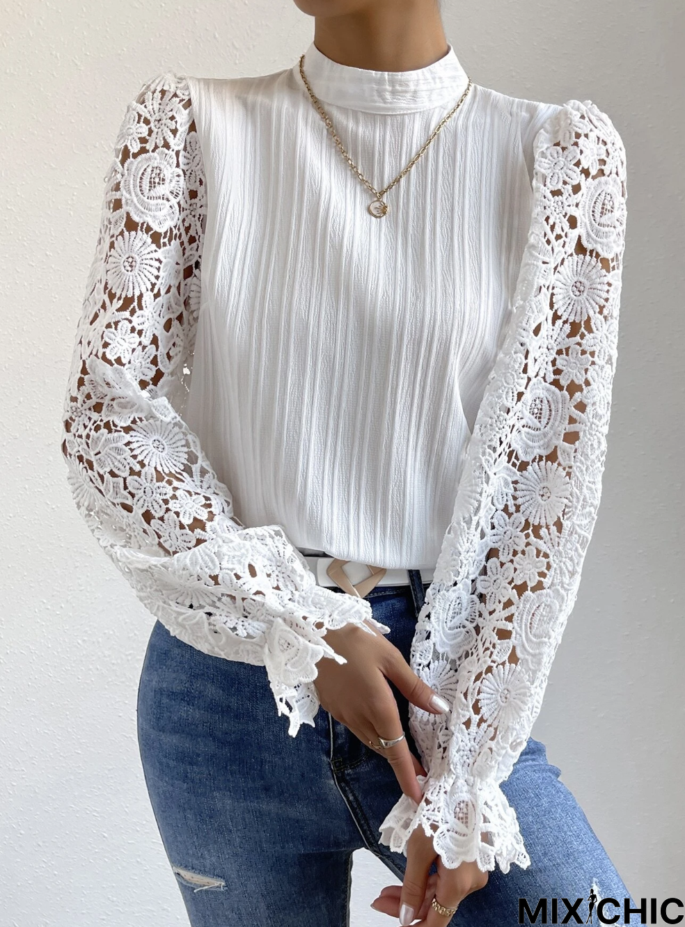 Plain Stand Collar Lace Party Top