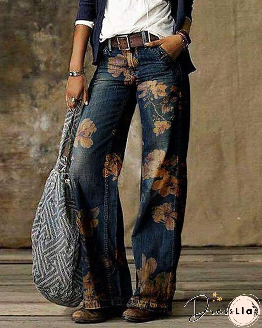 Blue Floral Casual Print Pants