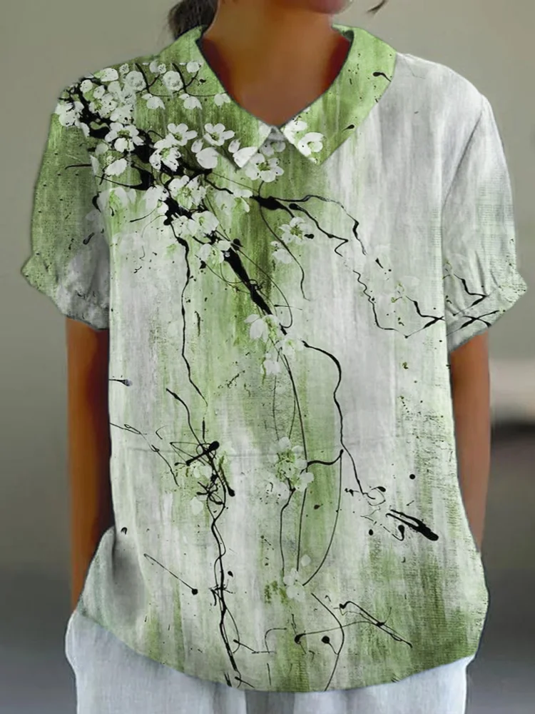 Vintage Ink Flower Print Linen Lapel Shirt