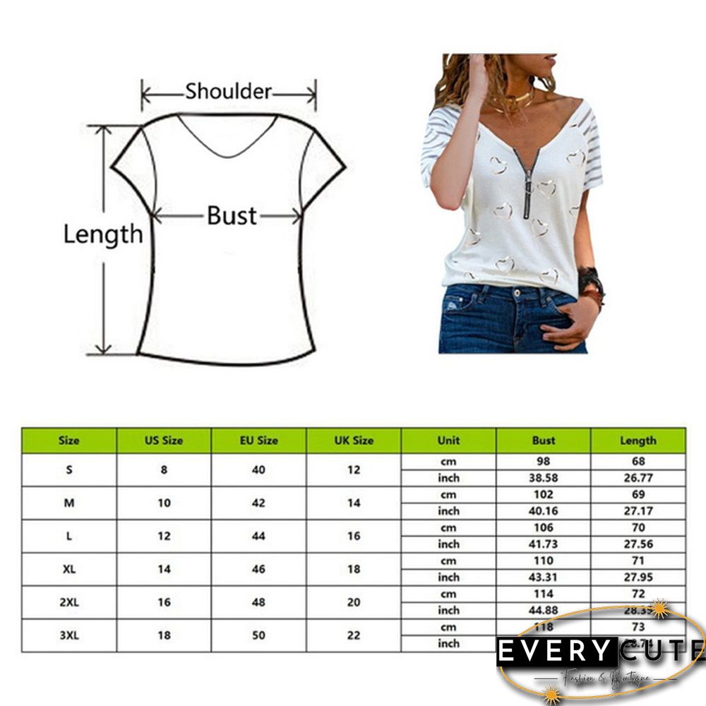 New Summer Fashion Women Striped Printed Short Sleeve Zipper V-Neck Casual Top Loose Soft And Thin Plus Size Shirt T-Shirt