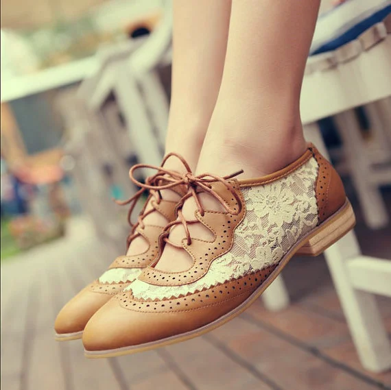 Vintage Brown Lace Up Flats Vdcoo