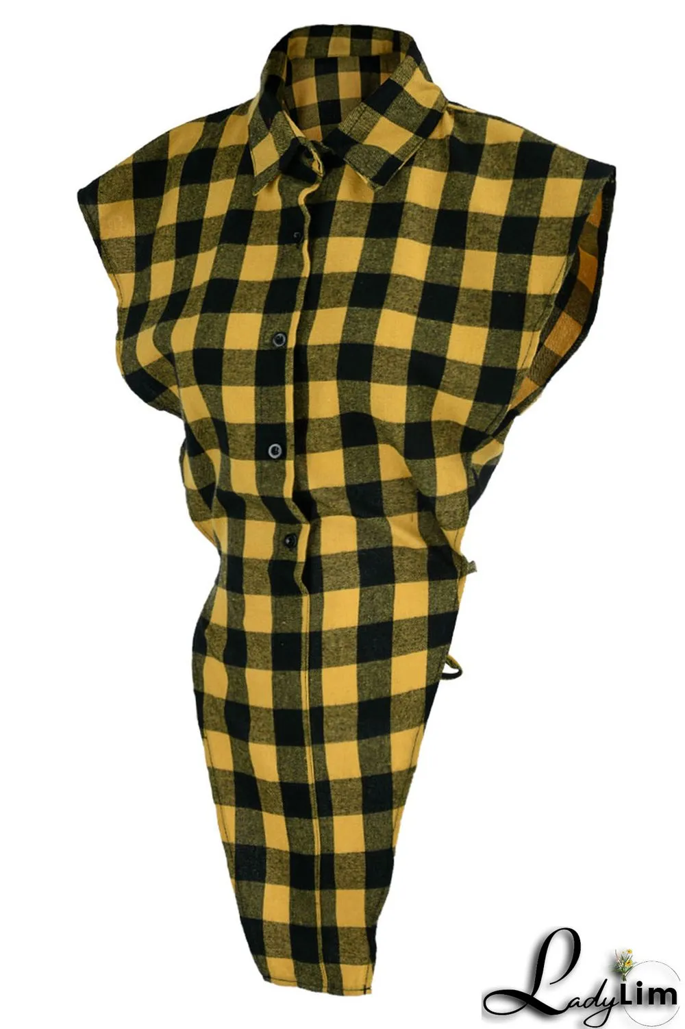 Yellow Casual Street Plaid Print Patchwork Buckle Asymmetrical Turndown Collar Tops