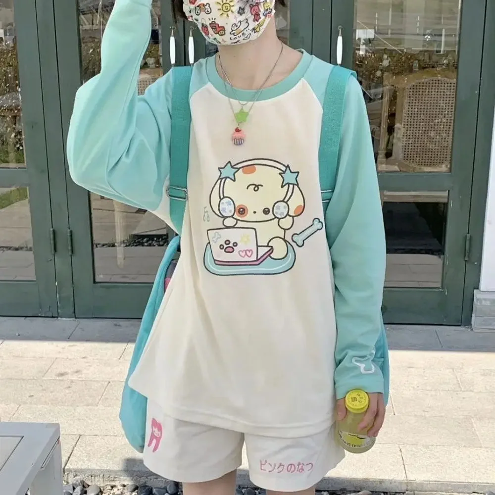 Tlbang Harajuku Kawaii Cartoon T Shirts Women Japanese Style Oversized Patchwork Tees Cute Long Sleeve O-neck Y2K Tops E-girl