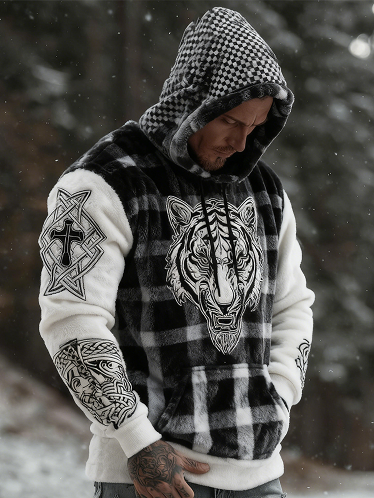 Men's Black And White Checkered Tiger Head Design Retro Viking Style Hooded Flannel Sweatshirt elevenforest