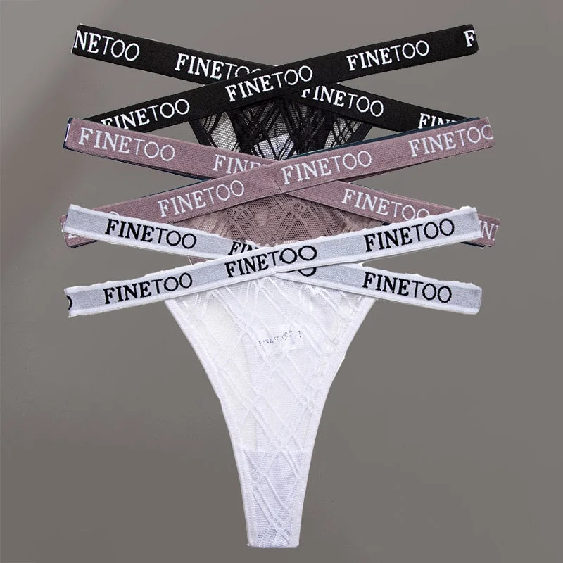 FINETOO 3PCS/Set Women's Letter Lace Mesh G-string Sexy Cross Strap Panties Midi Waist Underwear Thongs Femme Hollow Out Panties