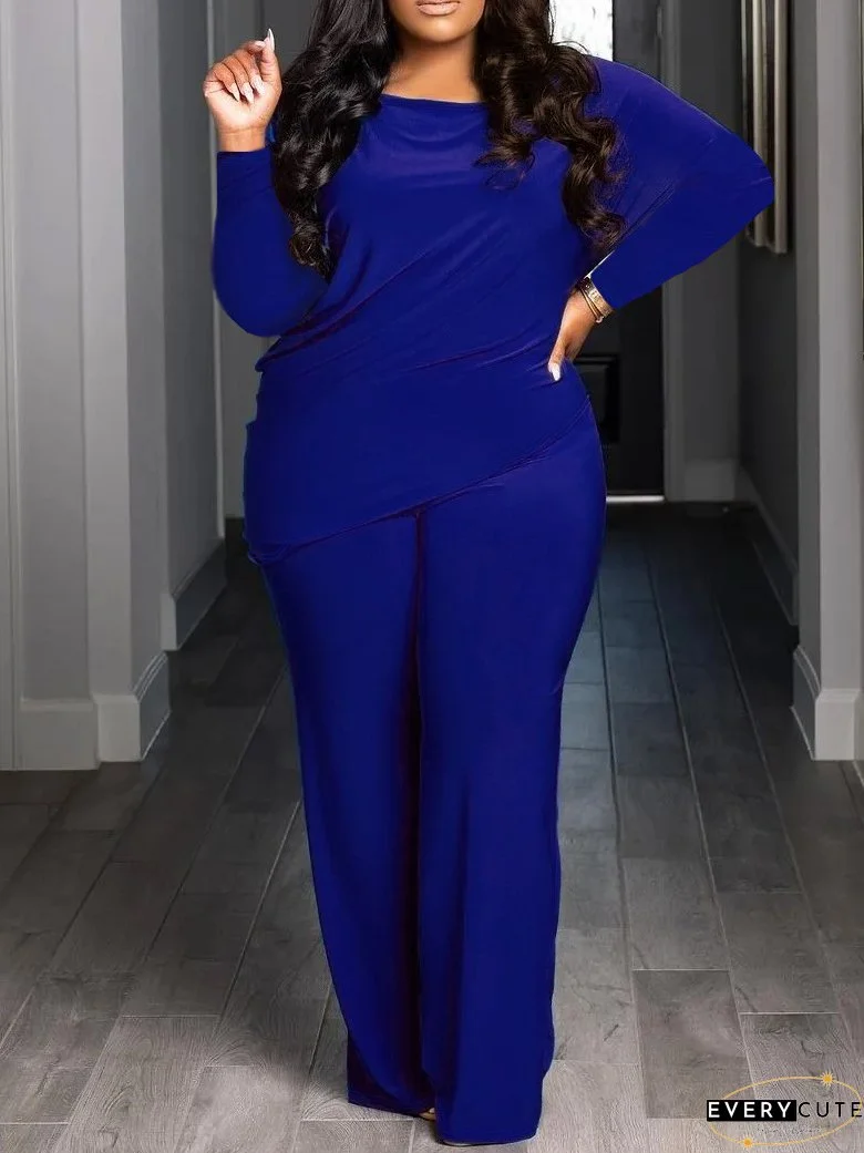 Plus size Women casual solid asymmetric top and pant two-piece set
