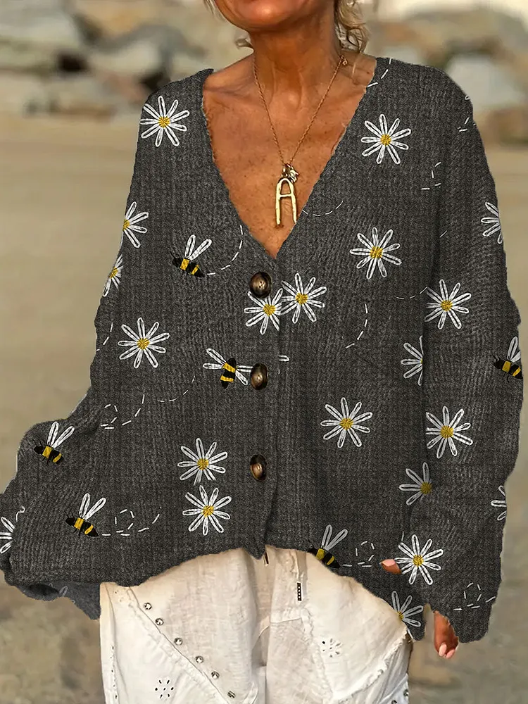 Women's Vintage Flower Bee Art Print Casual Pullover Sweater