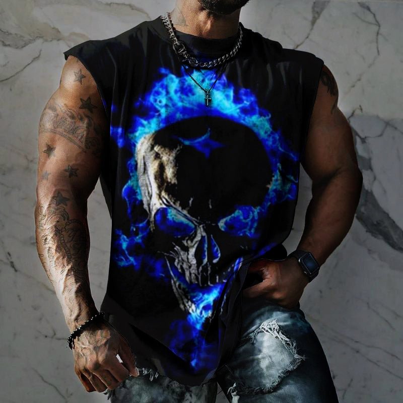 Metaverse Aurora Cool Digital Skull Creative Print Fashion Casual Men's Cap Sleeve Shirt