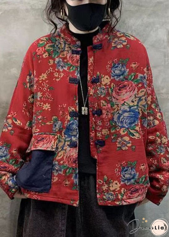 Red Print Thick Fine Cotton Filled Coats Stand Collar Oriental Button Winter