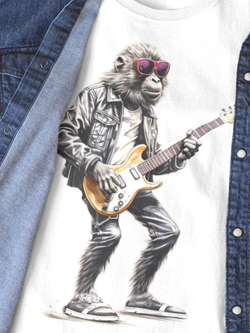 Eagerlys Monkey Guitar Player Print Short SleeveT-Shirt Eagerlys