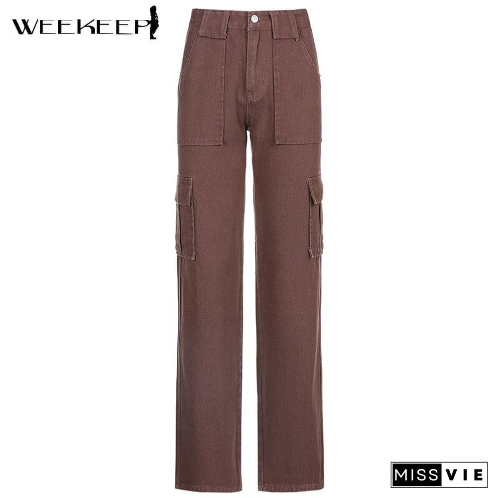 Streetwear Women Jeans Pocket Patchwork Cargo Pants High Waist Baggy Straight Denim Trousers Summer Cotton Harajuku