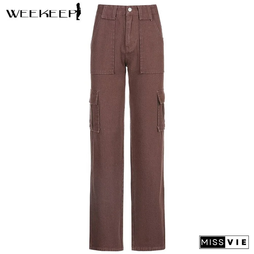 Streetwear Women Jeans Pocket Patchwork Cargo Pants High Waist Baggy Straight Denim Trousers Summer Cotton Harajuku