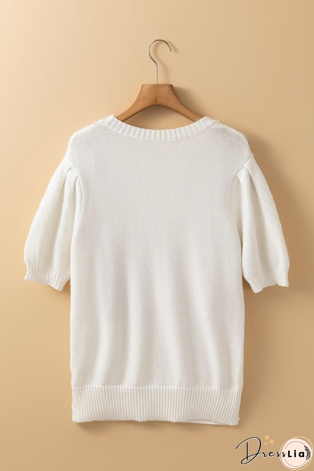 White Multicolor Stitch Detail Cable Knit Short Sleeve Sweater