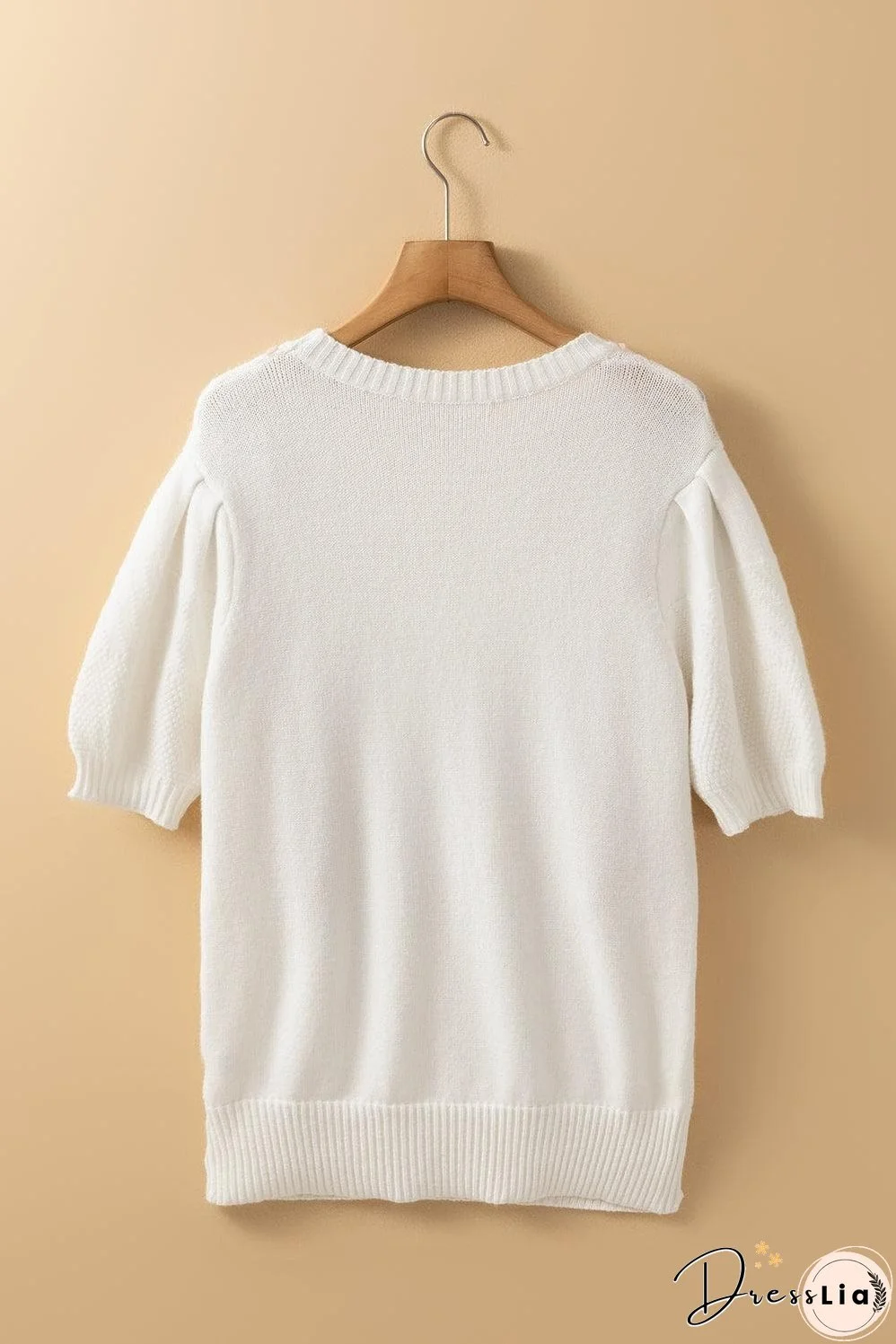 White Multicolor Stitch Detail Cable Knit Short Sleeve Sweater