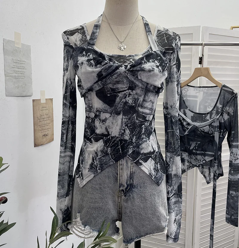 Nigikala Nigikala Special To The Net Yarn Design Sense Hanging Neck Top Cross Folded Repair Short T-Shirt 1178