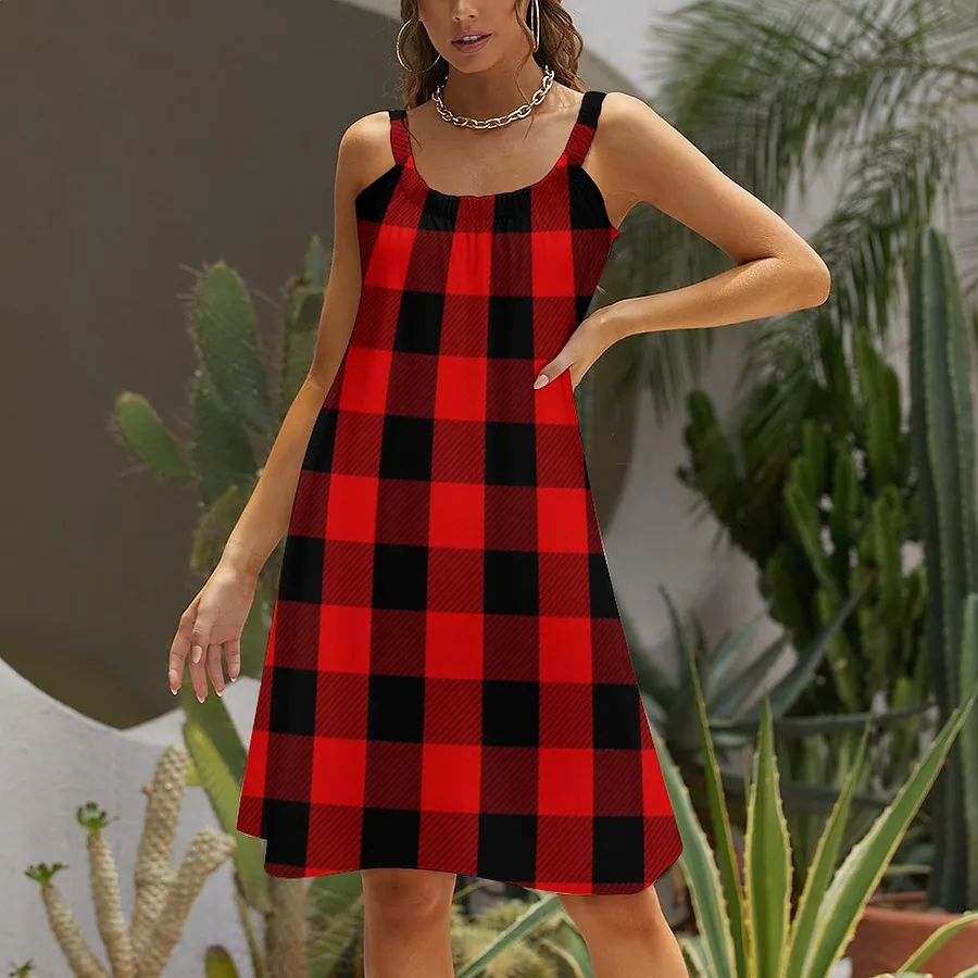 SFNEEWHO Red And Black Lumberjack Flannel Plaid Pattern Summer Hawaiian  Beach Dresses Casual Sling Sleeveless Printed Knee Length Dress