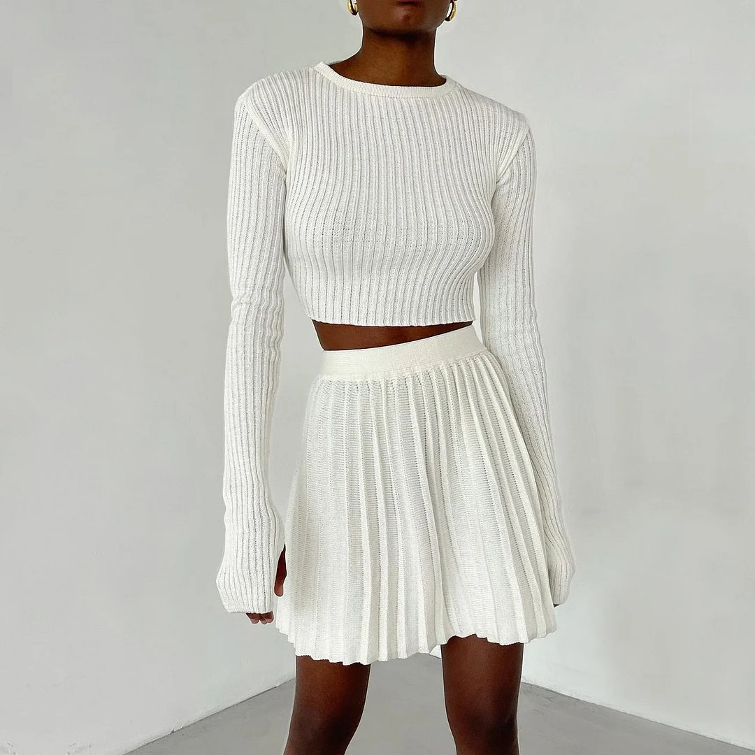 Tossy Knit Two Piece Sets Mini Pleated Skirt Suits Long Sleeve Cropped Sweater Top For Women 2021 Casual Outfits Matching Sets