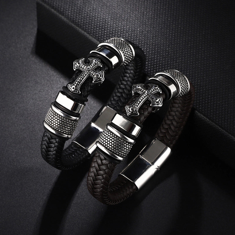 Vintage Style Classic Style Cross Pu Leather Titanium Steel Woven Chain Wrap Bracelets