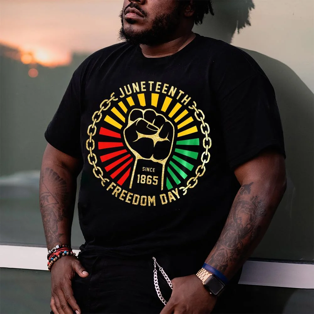 Juneteenth Contrasting Color Fist Print Plus Size Black Men's T-Shirt