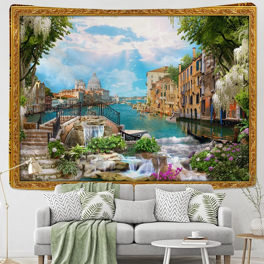 Fake Frame Tapestry Wall Hanging River Sky Clouds Bohemian Dorm Decor Yoga Mat Rug Architectural Attraction Venice
