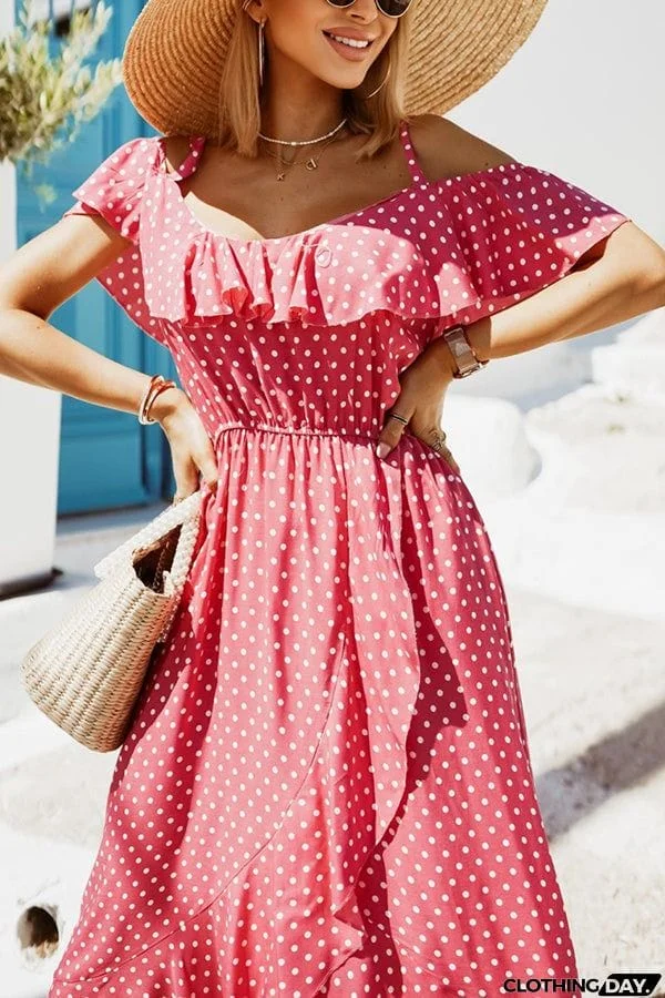 Dot Ruffles Off Shoulder Irregularity Maxi Dress