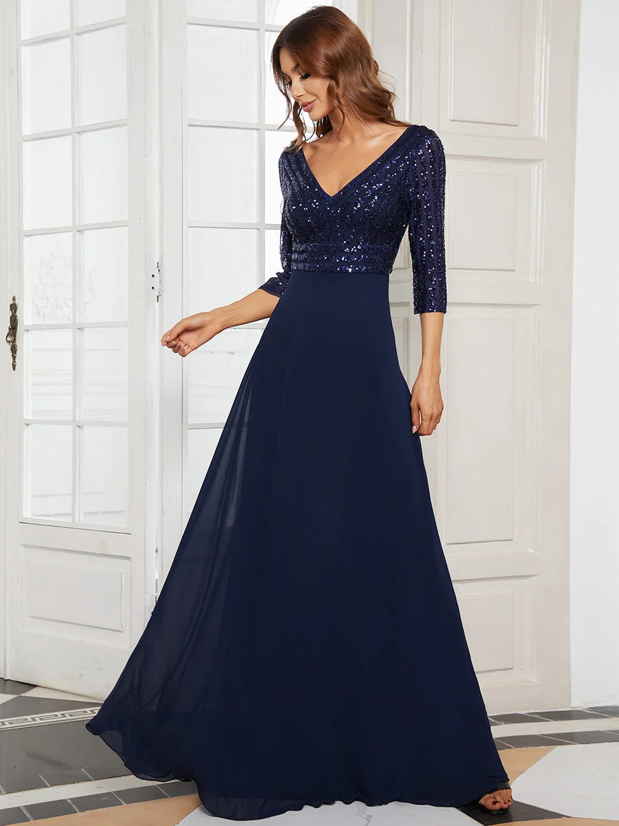 Sexy V Neck A-Line Sequin Wholesale Evening Dresses With 3/4 Sleeve