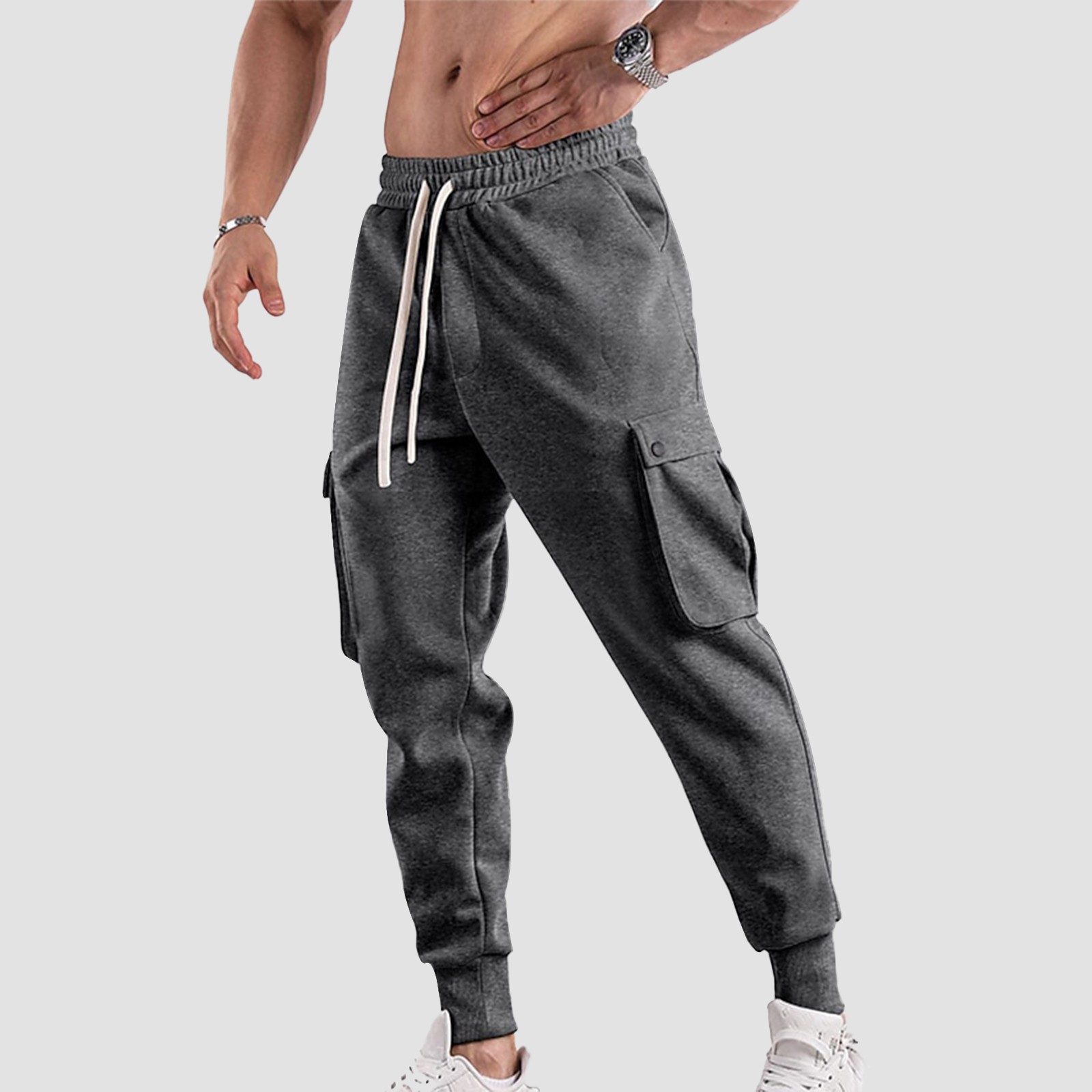 Edubridgesmart Soild Cargo Men'S Sweatpants Multi Pocket Daily Outdoor Running Training Sport Trous Male Elastic Rise Casual Pants Tether