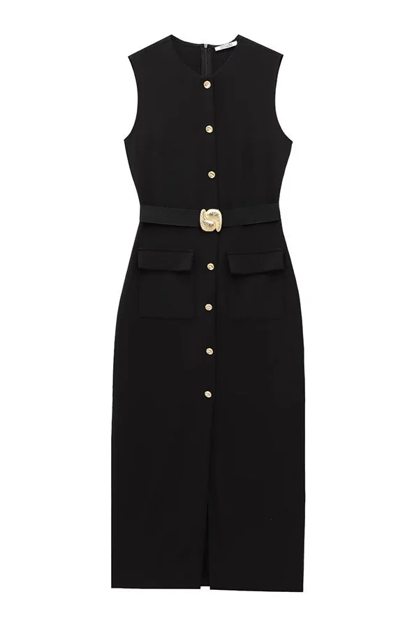 Danina Button Up Sleeveless Metal Belted Pocket Stretch Midi Dress