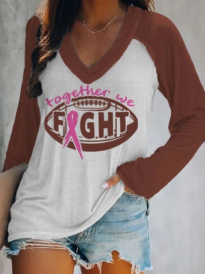 Women's Together We Fight Cancer Awareness Pink Ribbon Football Lover Casual Long-Sleeve T-Shirt socialshop