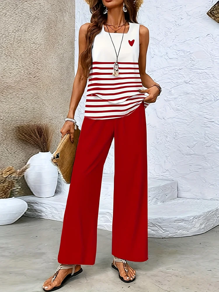 Casual Double-Layered Sleeveless Vest And Pants Set | New Style Striped Printed Square-Neck, Solid Color Straight-Leg Pant