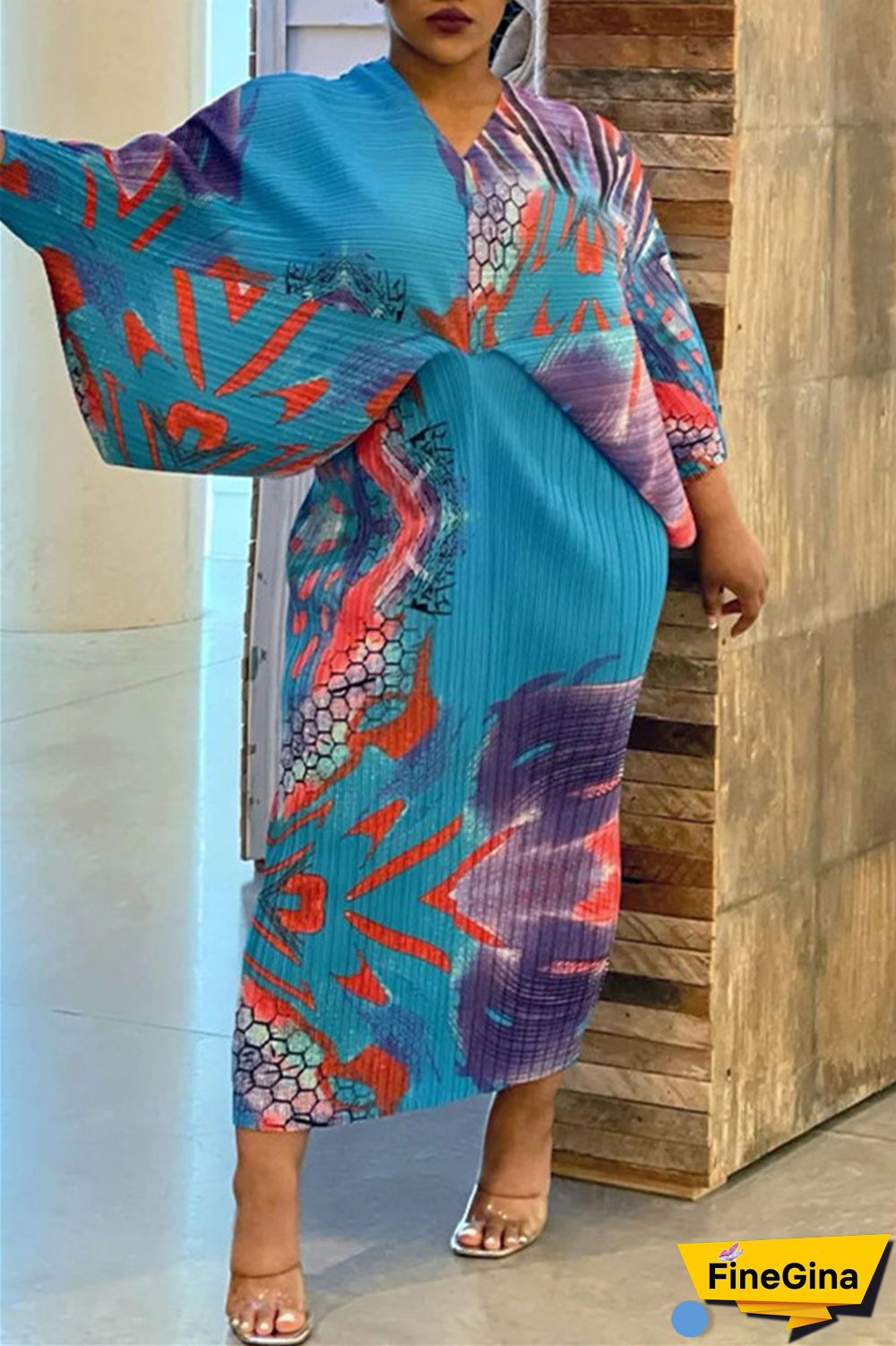 Pink Purple Casual Print Patchwork V Neck Pencil Skirt Plus Size Dresses