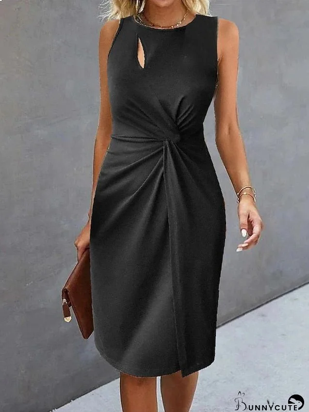 Casual Dress Black Dress Summer Dress Midi Dress Ruched Cut Out Work Daily Date Fashion Basic Crew Neck Sleeveless Regular Fit Black Color S M L XL XXL Size for Women