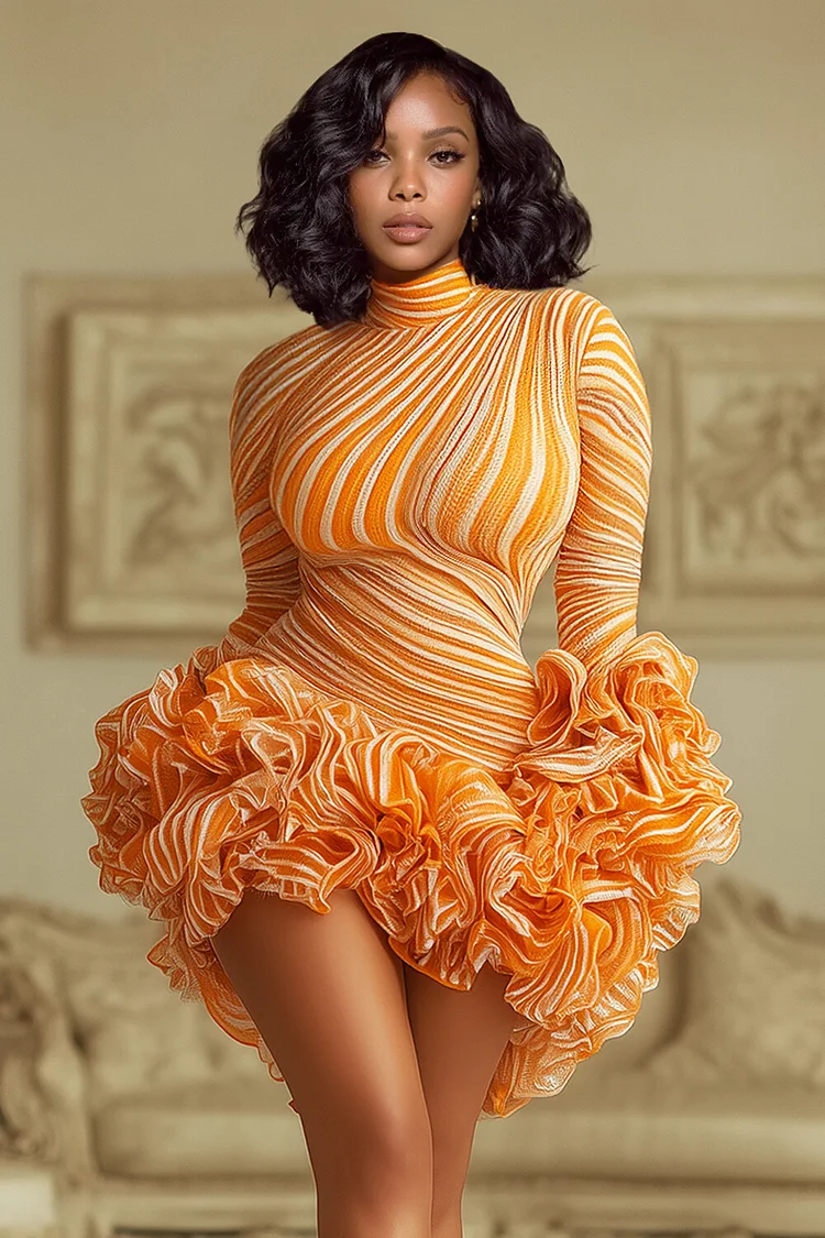 High Neck Swirl Print Ruffle Hem Cuff Party Mini Dresses-Orange