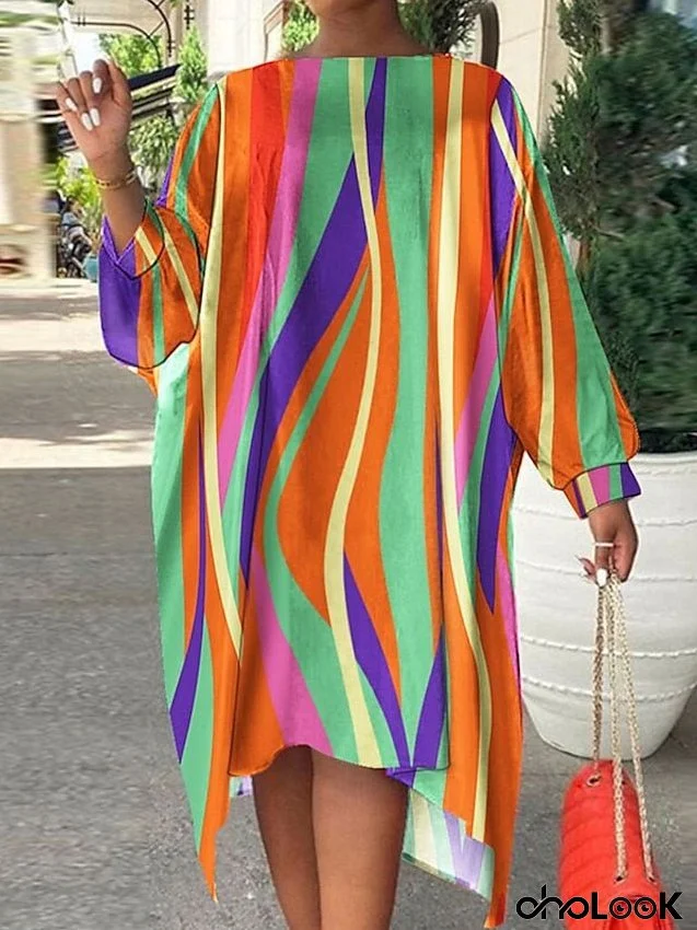 Plus Size Casual Dress Striped Crew Neck Long Sleeve Fall Winter Casual Midi Dress Daily Vacation Dress for Women
