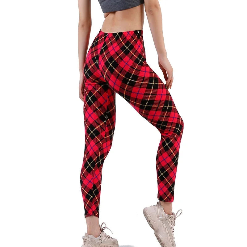CUHAKCI Female Fitness Leggings Women Print Plaid Leggings Lady Sexy Slim Pencil Pants Push Up Elastic Waist Trousers