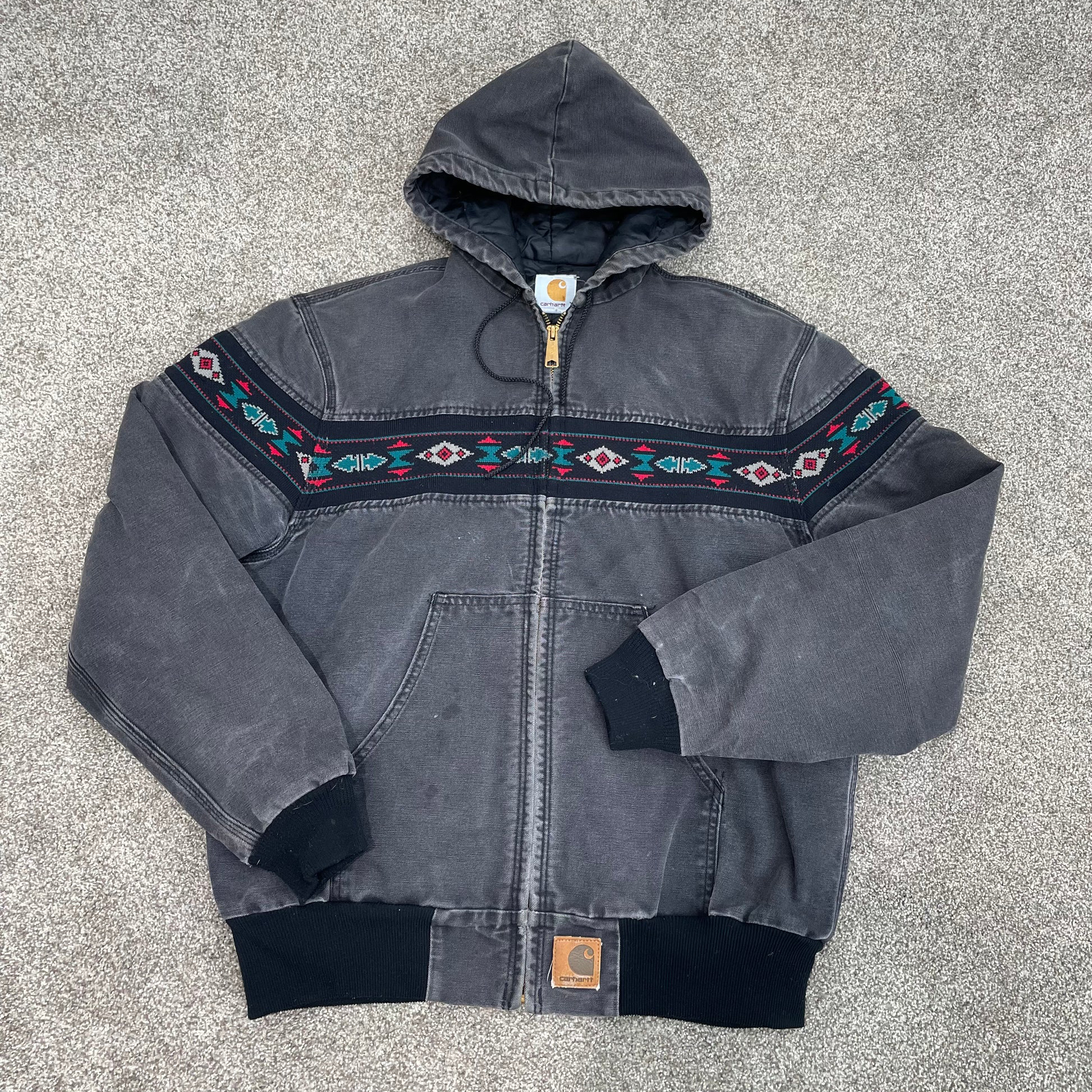 Retro ethnic pattern contrast color zipper long sleeve lined jacket