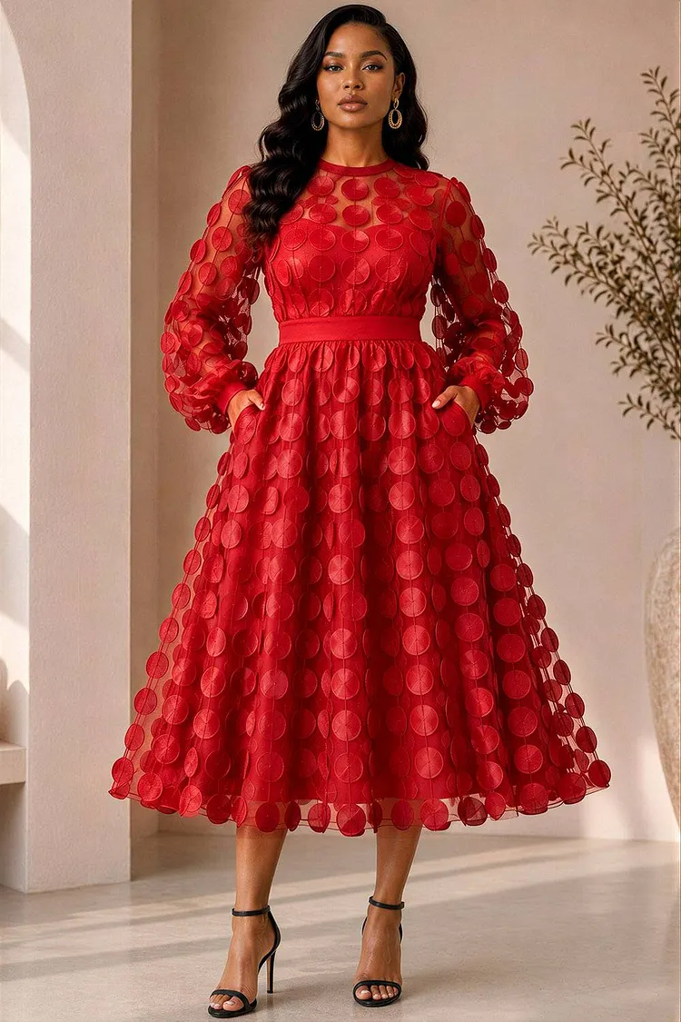 Xpluswear Design Plus Size Cocktail Party Red Round Neck Puff Sleeve Long Sleeve Pocket See Through Midi Dresses [Pre-Order] 2024 - Xpluswear