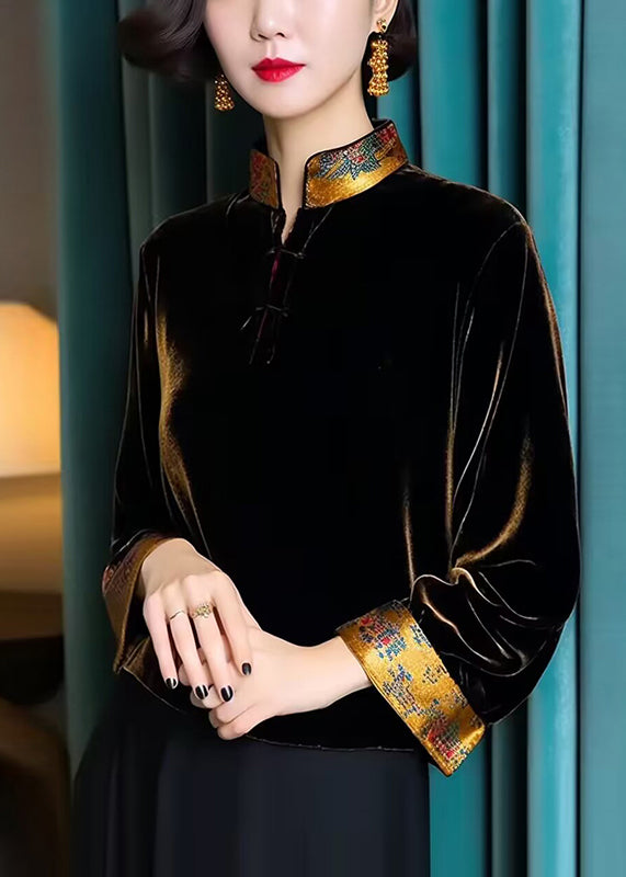 VCSHOES Loose Black Stand Collar Button Silk Velour Top Long Sleeve