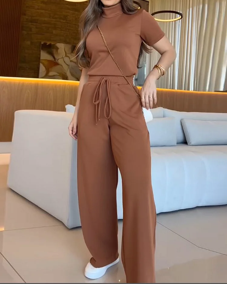 High collar solid color casual two piece suit