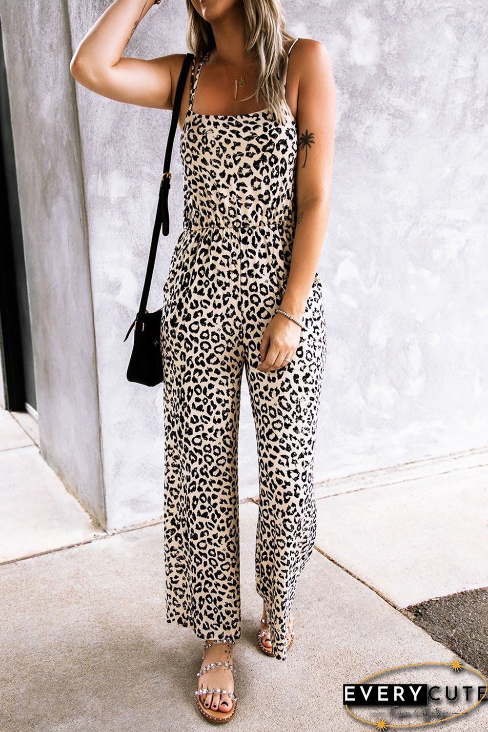 Sleeveless Open Back Leopard Jumpsuit