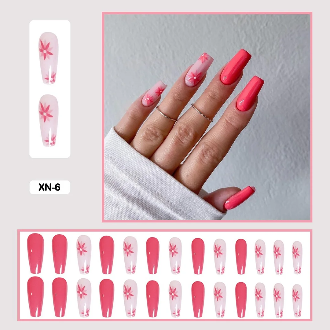 24pcs/box Press On False Nails Long Trapezoid Daisy Broken Flowers Wearable Fakse Nails With Glue and Wearing Tools As Gift-Nail Inspo