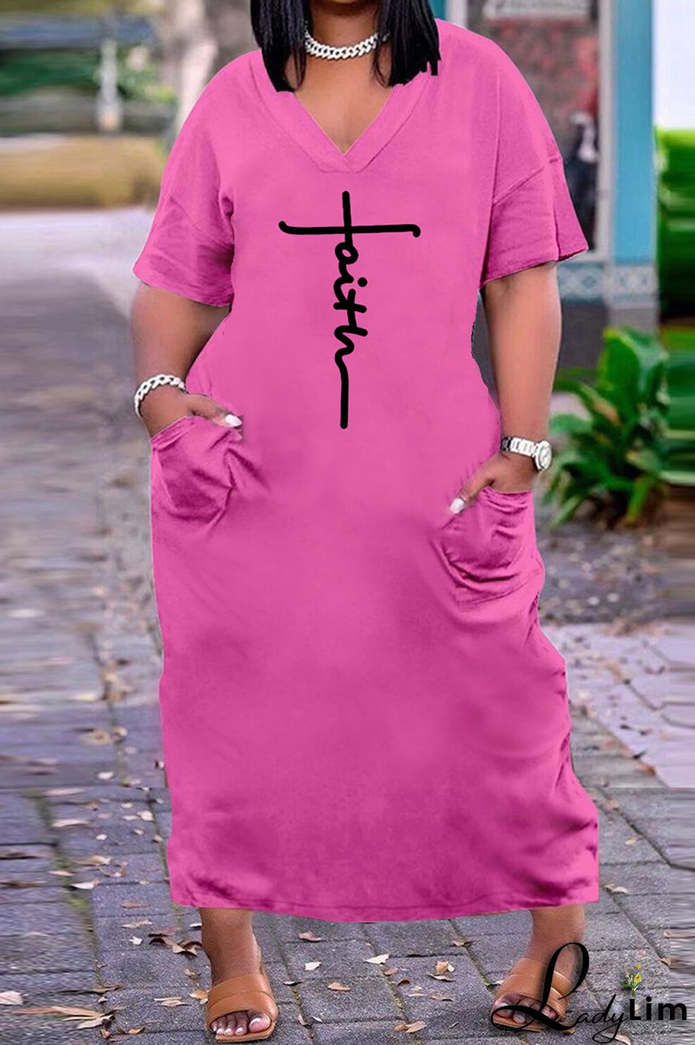 Black White Fashion Casual Plus Size Print Basic V Neck Short Sleeve Dress