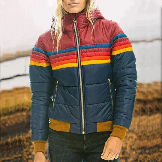 Women's Retro Color Block Puffer Jacket - Warm Winter Coat with Vintage Style Radinnoo.com