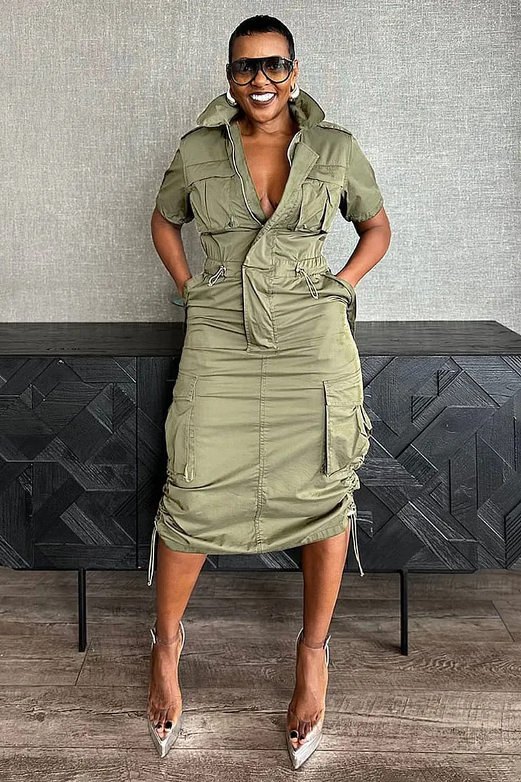 cargo drawstring midi dress Stand Collar Zipper Drawstring Waist Pocket Midi Dresses-Green