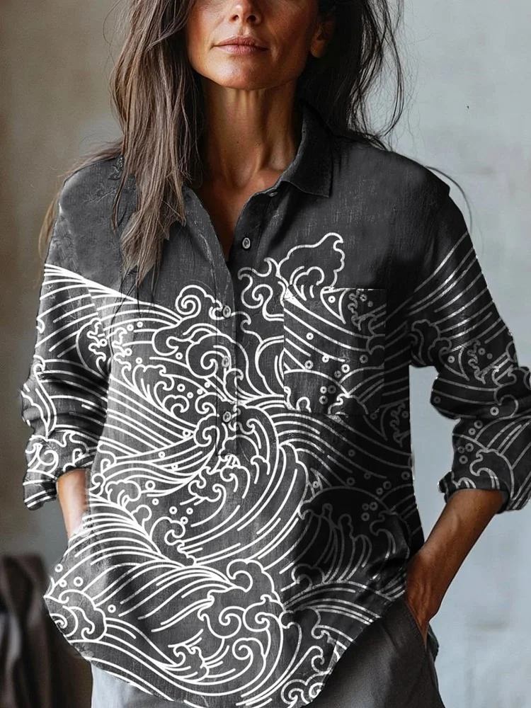 Women's Vintage Japanese Classic Waves Print Casual Cotton And Linen Shirt