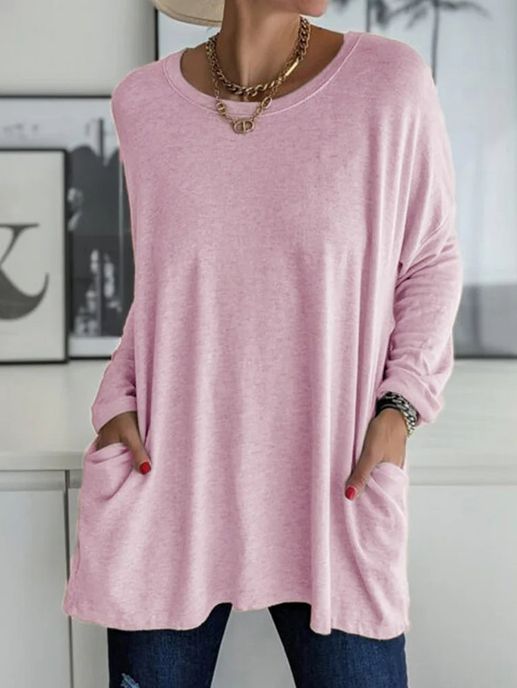 Casual Crew Neck With Pockets Loose Long Sleeve Blouse