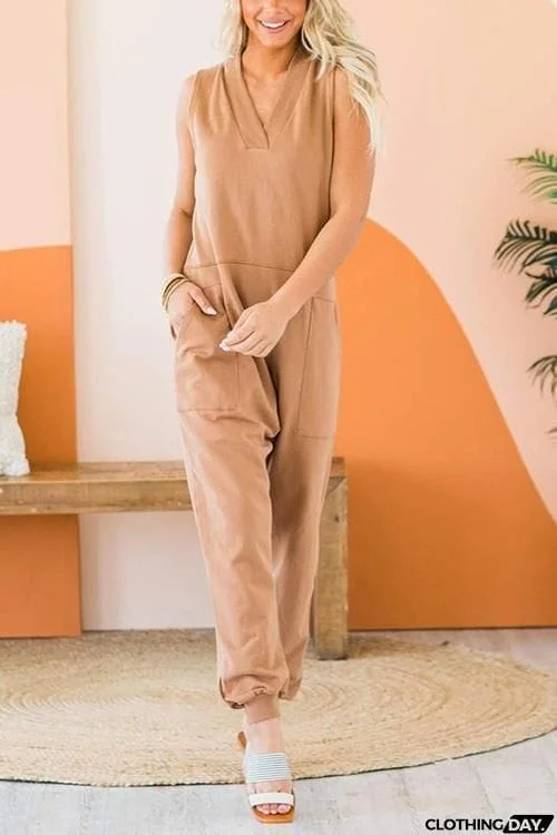 V Neck Solid Sleeveless Pocket Jumpsuit