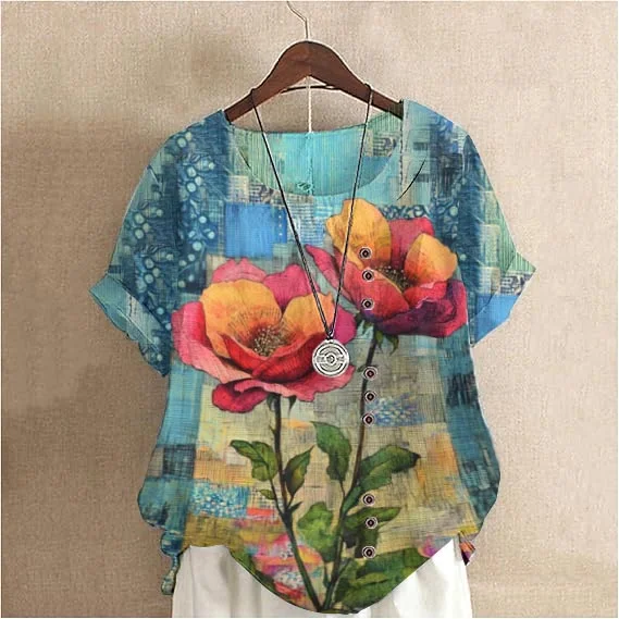 Women'S Vintage Poppy PatternCotton And Linen Short Sleeve Top